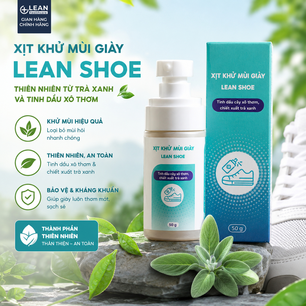 Lean Shoe - Xịt khóa mùi hôi giày và chân kháng khuẩn hương Trà xanh, Xô thơm 50ml